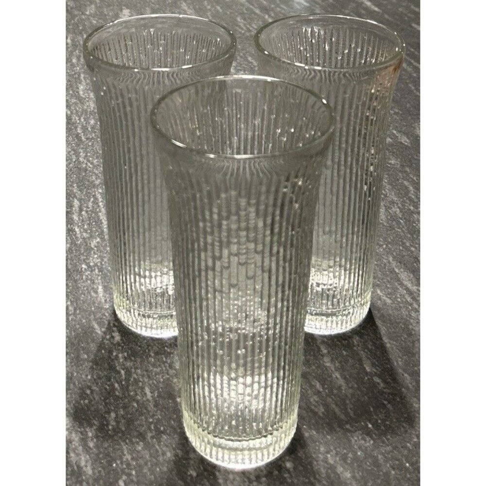 3 - Jeannette Glass Finlandia Arctic Ice Tree Bark 10oz Clear Fluted Tumblers
